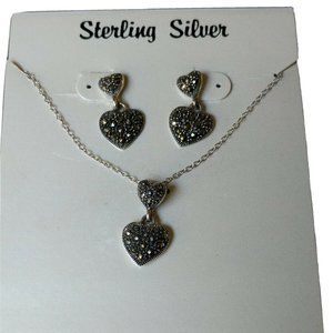 Sterling Silver Genuine Marcasite Dangling Heart Earrings Necklace Set